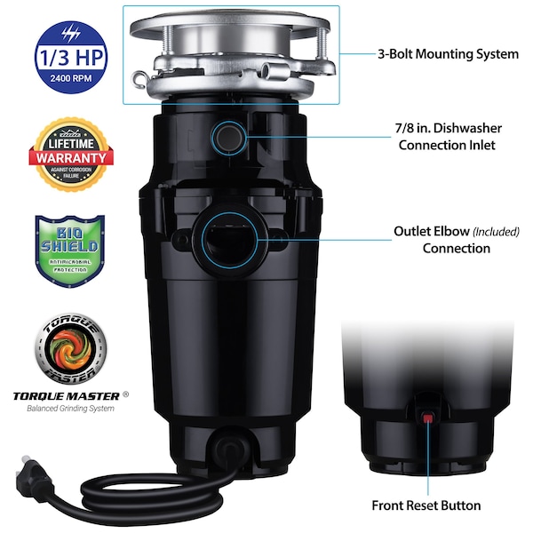 1/3 HP Continuous Feed Garbage Disposal With Stainless Steel Sink Flange